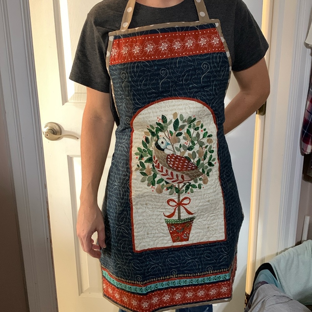 Apron partridge in a pear tree on front, brown white polkadots on back